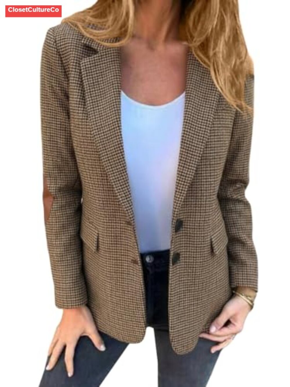 Tweed Houndstooth Plaid Blazer Elbow Patches Notch Lapel Pockets